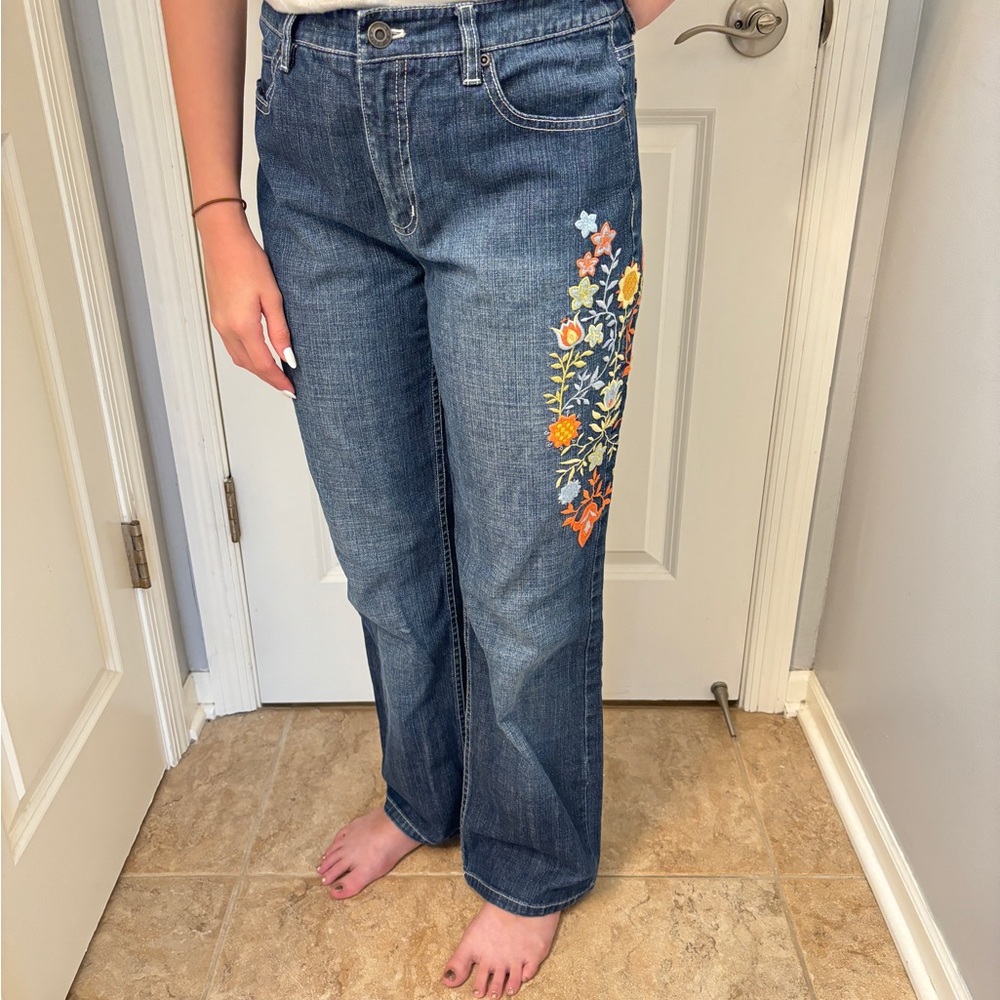 Talbots Dark Blue High-Rise Jeans with Floral Embroidery